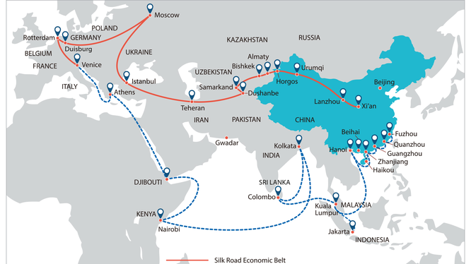 Bản đồ sáng kiến "vành đai - con đường" của Trung Quốc.