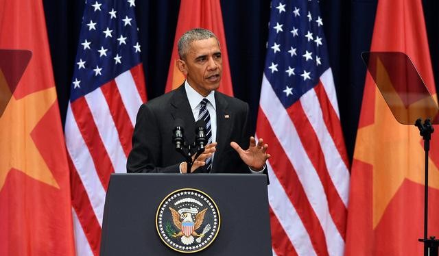 Tổng Thống Obama khi đang phát biểu tại Trung tâm Hội nghị quốc gia.