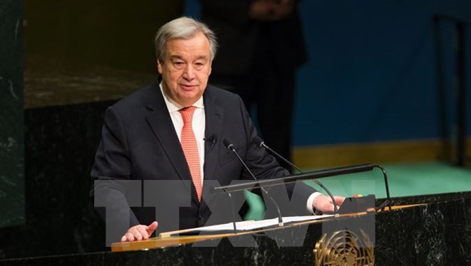 Ông Antonio Guterres phát biểu tại lễ tuyên thệ nhậm chức tân Tổng thư ký Liên hợp quốc ở New York ngày 12/12. (Nguồn: AFP/TTXVN)