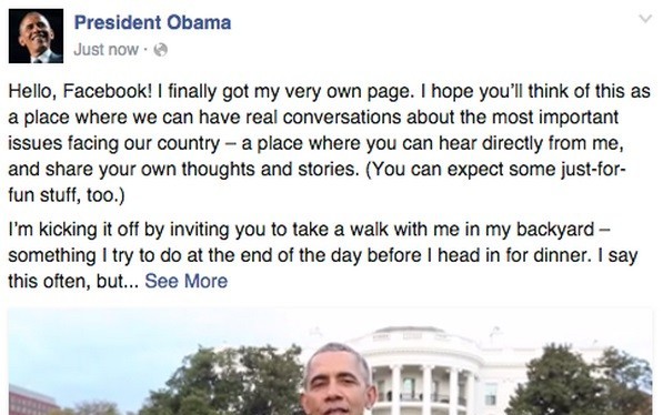 Bài đăng đầu tiên trên Facebook chính thức của Tổng thống Barack Obama. Ảnh chụp màn hình
