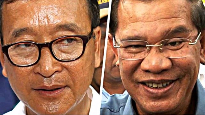 Thủ lĩnh đảng đối lập Campuchia (trái) kêu gọi quốc tế giám sát ông Hun Sen (phải) - Ảnh: AFP