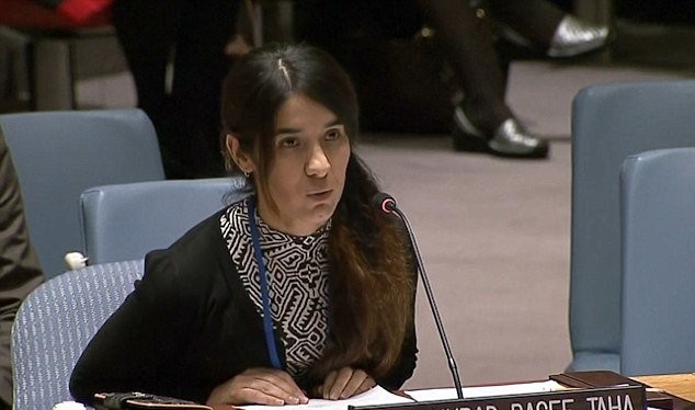 Nữ nạn nhân Nadia Murad Basee Taha kể lại thảm cảnh kinh hoàng cô trải qua tại Hội đồng Bảo an LHQ - Ảnh: UNTV