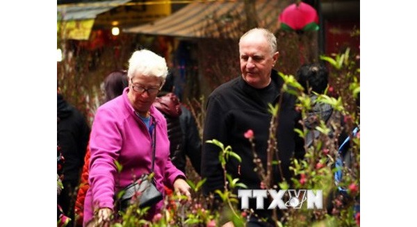 Chợ hoa Hàng Lược thu hút khách nước ngoài đến ngắm và mua hoa trong dịp Tết. (Ảnh: Tuấn Anh/TTXVN)
