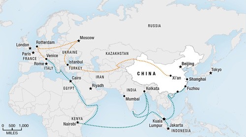 Bản đồ “Con đường tơ lụa” và các tuyến đường biển của Trung Quốc.
