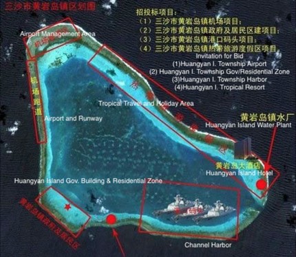 Kế hoạch xây "đảo nhân tạo" ở Scarborough được đăng tải trên trang mạng quân sự của Trung Quốc. Ảnh: WFB