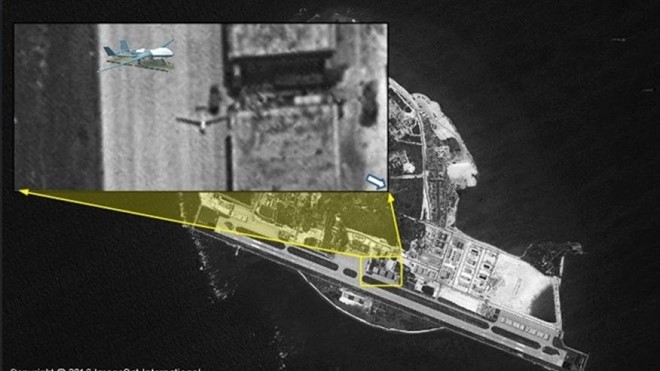 Ảnh vệ tinh cho thấy Trung Quốc điều máy bay không người lái ra đảo Phú Lâm, thuộc quần đảo Hoàng Sa của Việt Nam. Ảnh: ISI