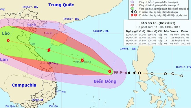 Trung tâm Dự báo Khí tượng thủy văn Trung ương cho biết bão có thể đổ bộ vào Bắc Trung Bộ. Ảnh: NCHMF.