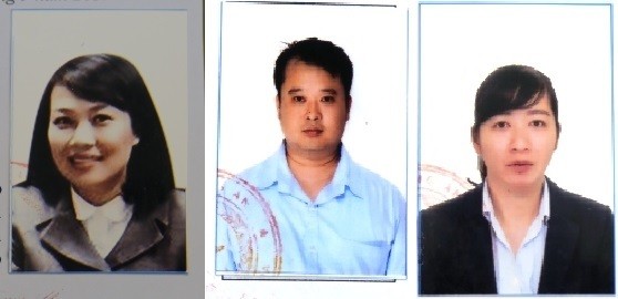 Từ trái qua phải, 3 bị can Trần Thị Kim Chi, Lê Vương Hoàng, Nguyễn Thị Minh Huệ, Nguồn ảnh: Bộ Công An