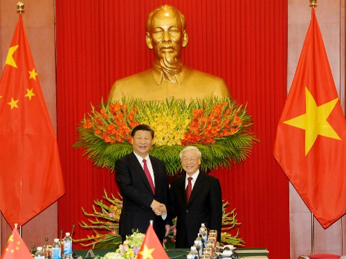 Tổng bí thư Nguyễn Phú Trọng và Tổng bí thư, Chủ tịch Trung Quốc Tập Cận Bình tại cuộc hội đàm. Ảnh: VGP.