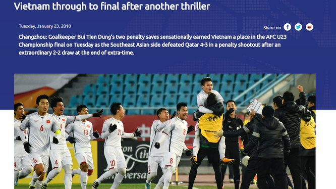 AFC đưa tin về chiến thắng của U23 Việt Nam. Ảnh: AFC