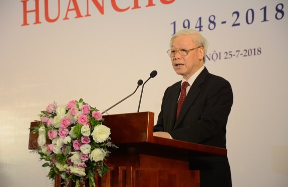 Tổng Bí thư Nguyễn Phú Trọng tại Lễ kỷ niệm 70 năm Ngày thành lập Liên hiệp các Hội Văn học nghệ thuật Việt Nam. Ảnh: QĐND