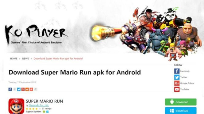 Mạng KO Player chia sẻ tập tin cài đặt Super Mario Run cho Android và Windows nhưng thực chất là tập tin nhúng kèm mã độc - Ảnh: VentureBeat