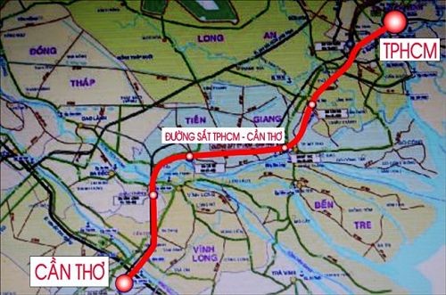 Sơ đồ hướng tuyến đường sắt TPHCM - Cần Thơ do Viện Khoa học và Công nghệ Phương Nam nghiên cứu.