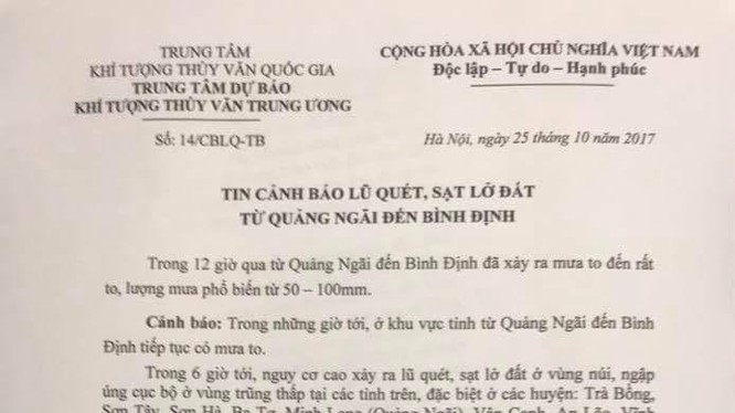 Cảnh báo lũ quét tại Quảng Ngãi, Bình Định.