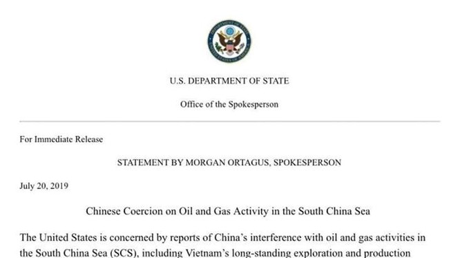 Tuyên bố của Người phát ngôn Bộ Ngoại giao Mỹ "Về việc Trung Quốc sử dụng vũ lực trong các vấn đề về dầu mỏ, khí đốt ở vùng Biển Đông"