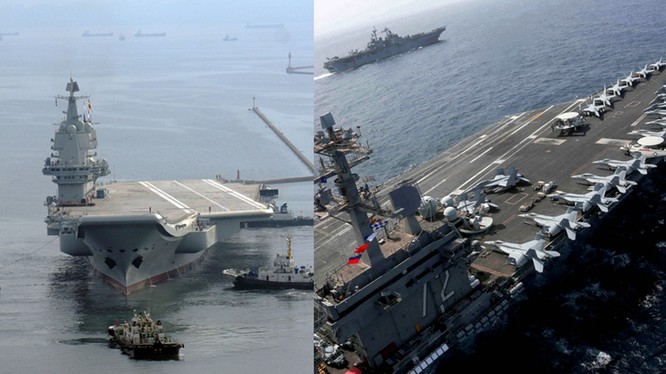 Tàu Sơn Đông Trung Quốc (trái) và tàu USS Abraham Lincoln CVN-72 của Mỹ có thể sẽ đụng đầu nhau trên Biển Đông. Ảnh: Đa Chiều.