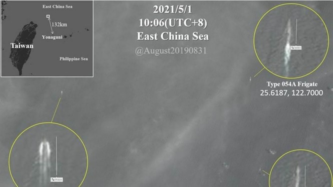 Ảnh vệ tinh chụp cảnh tàu Tân Châu của PLA (trước) bị tàu Đài Loan (phía sau, góc trái) và tàu Nhật Bản (phải) bám đuôi giám sát hôm 1/5 (Ảnh: China Times).