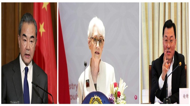 Bà Sherman hôm 26/7 đã có các cuộc gặp gỡ và hội đàm căng thẳng với các ông Vương Nghị (trái) và Tạ Phong tại Thiên Tân (Ảnh: Dwnews).