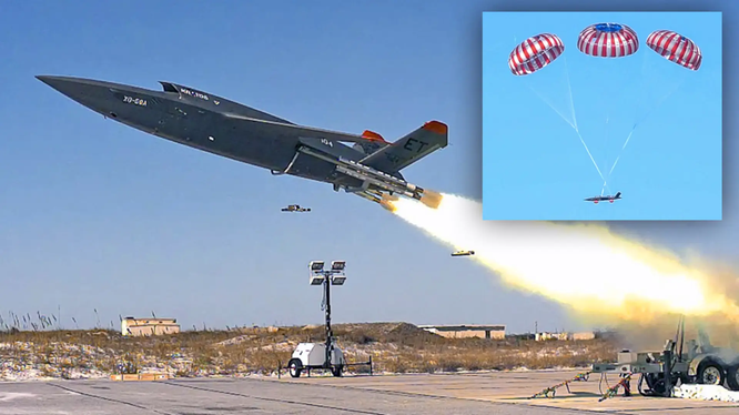 Máy bay không người lái chiến đấu XQ-58A cất cánh nhờ tên lửa phóng và hạ cánh bằng dù (Ảnh: USAF).