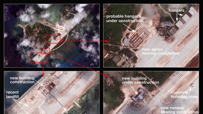 Hình ảnh chụp từ vệ tinh hồi tháng 3-2015 cho thấy Trung Quốc tăng cường xây dựng trái phép ở đảo Phú Lâm - Ảnh: The Diplomat