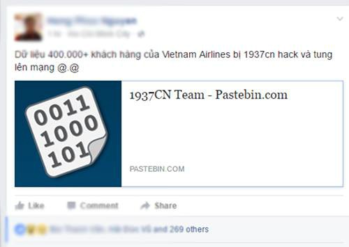 Dữ liệu khách hàng của Vietnam Airlines bị tung lên mạng chiều nay.