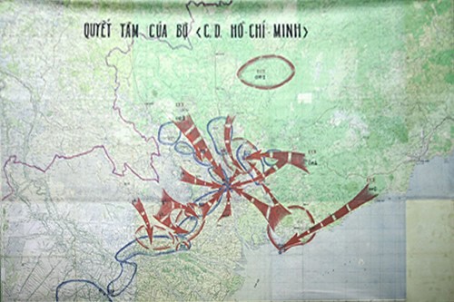 Tấm bản đồ Quyết tâm chiến dịch Hồ Chí Minh được làm tại Sở chỉ huy chiến dịch đóng ở Tà Thiết,Lộc Ninh (Tây Ninh). Ảnh:Bảo tàng LSQSVN.