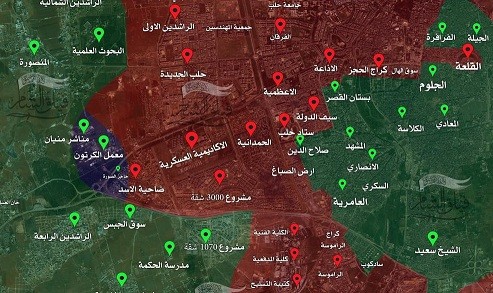 Tình huống chiến trường Aleppo cuối ngày 28.10, vùng xanh là vùng chiến sự