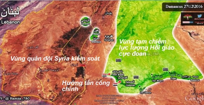 Bản đồ tình huống chiến trường khu vực làng Wadi Barada ngoại ô Damascus