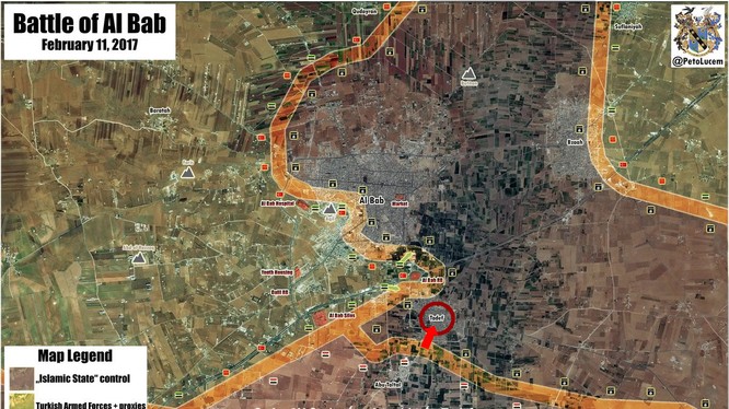 Bản đồ khu vực chiến trường Al-Bab ngày 11.02.2017, quân đội Syria tấn công thị trấn Tadef