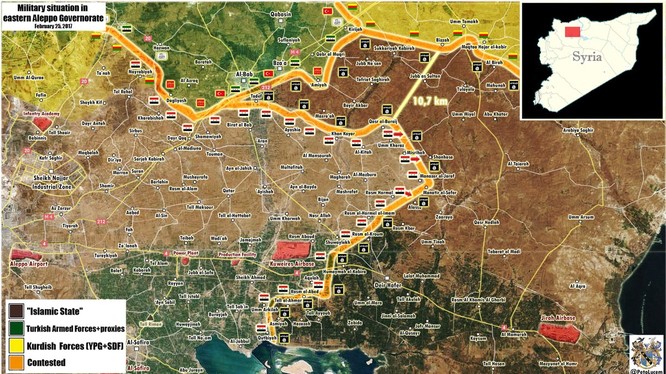 Bản đồ chiến sự phía đông Aleppo, chỉ còn hơn 10 km đến khu vực do người Kurd kiểm soát, thế trận đã hình thành