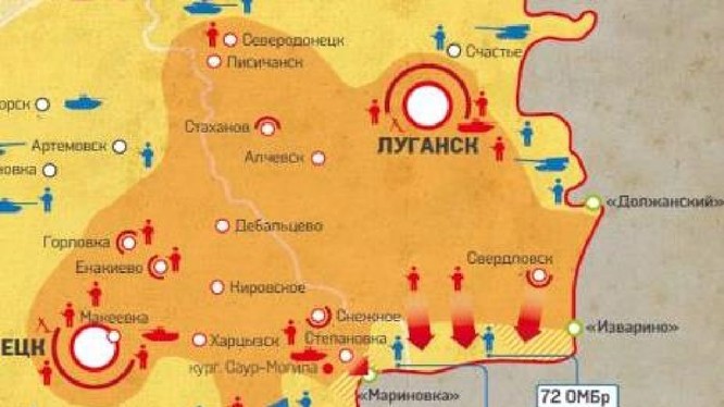 Bản đồ trận chiến "chảo lửa Izvarino " vùng Donbass