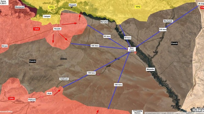 Các hướng tấn công IS và khoảng cách về thành phố Deir Ezzor trên chiến trường sa mạc phía đông tỉnh Homs