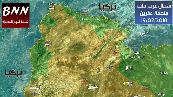 Tổng quan tình hình chiến tuyến Afrin tính đến ngày 19.02.2018 theo BNN - ảnh South Front
