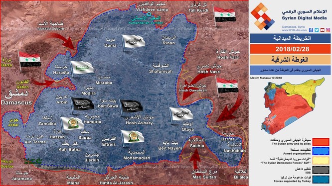 Phân bổ lực lượng và các mũi tiến công của quân đội Syria trên chiến trường Đông Ghouta - ảnh Syrian Digital Media