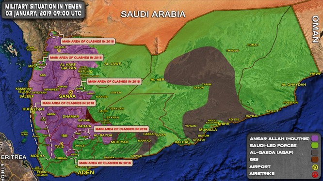 Tổng quan tình hình chiến sự Yemen, những cuộc tấn công vào vùng do Houthi kiểm soát. Ảnh: South Front.
