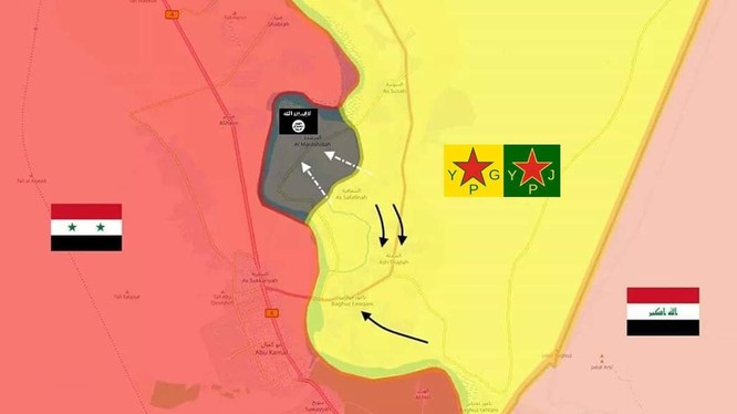 Vùng lãnh địa cuối cùng của IS trong khu vực bờ đông sông Euphrates, Deir Ezzor. Bản đồ: Masdar News.