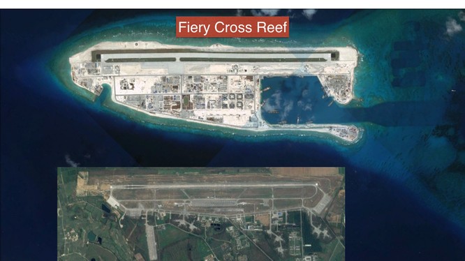 Đá Chữ Thập đã bị Trung Quốc bồi lấp, xây dựng trái phép thành đảo nhân tạo với đường băng dài 3.000m và các công trình quân sự kiên cố ở quần đảo Trường Sa