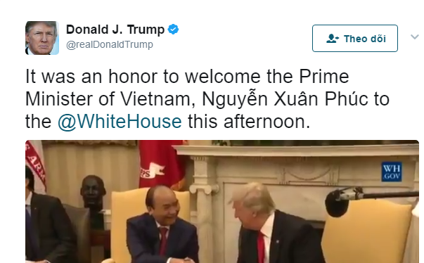 Video đón tiếp Thủ tướng Nguyễn Xuân Phúc được Tổng thống Donal Trump đăng trang trọng trên Twitter cá nhân.