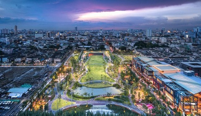 Hình ảnh công viên CP Park ở Băng Cốc, Thái Lan nhìn từ trên cao (Ảnh Landprocess)