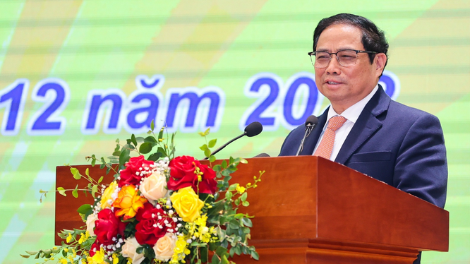 Thủ tướng Phạm Minh Chính phát biểu tại Hội nghị tổng kết công tác năm 2022 và triển khai nhiệm vụ ngân hàng năm 2023 (Ảnh: VGP)