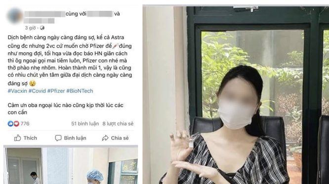 Cô V.P.A. "khoe" được tiêm vaccine phòng COVID-19 của Pfizer trên mạng xã hội (Ảnh - FB) 