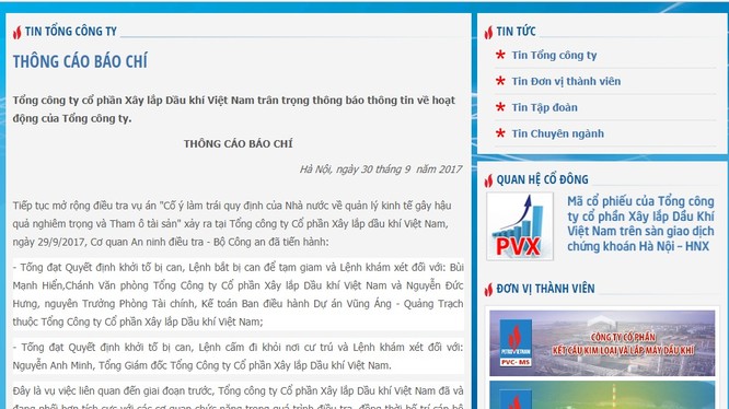 Thông cáo báo chí ngày 30/9/2017 của PVC