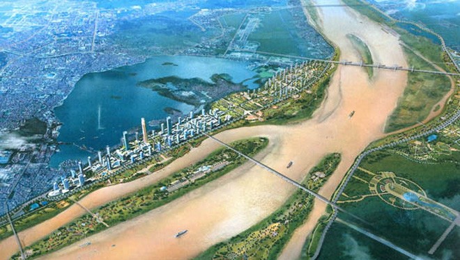 Phối cảnh quy hoạch thành phố Hà Nội dọc hai bên sông Hồng.