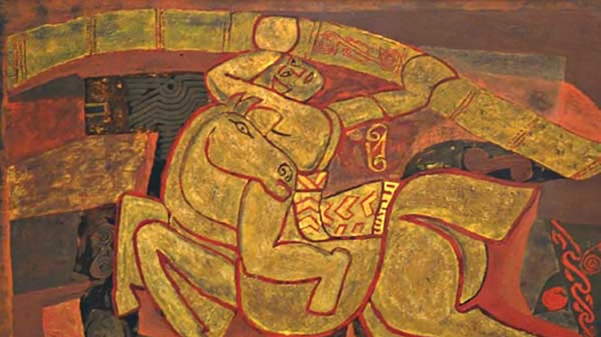 Bức tranh Gióng (1990) của tác giả Nguyễn Tư Nghiêm (1922 - 2016), chất liệu sơn mài, kích thước 90 x 120,3 cm. Ảnh: Kiều Dương