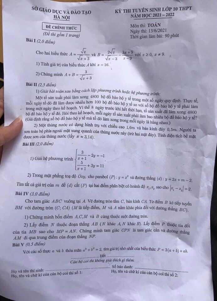 Đáp án đề Thi Môn Toán Tuyển Sinh Lớp 10 Hà Nội Năm 2021