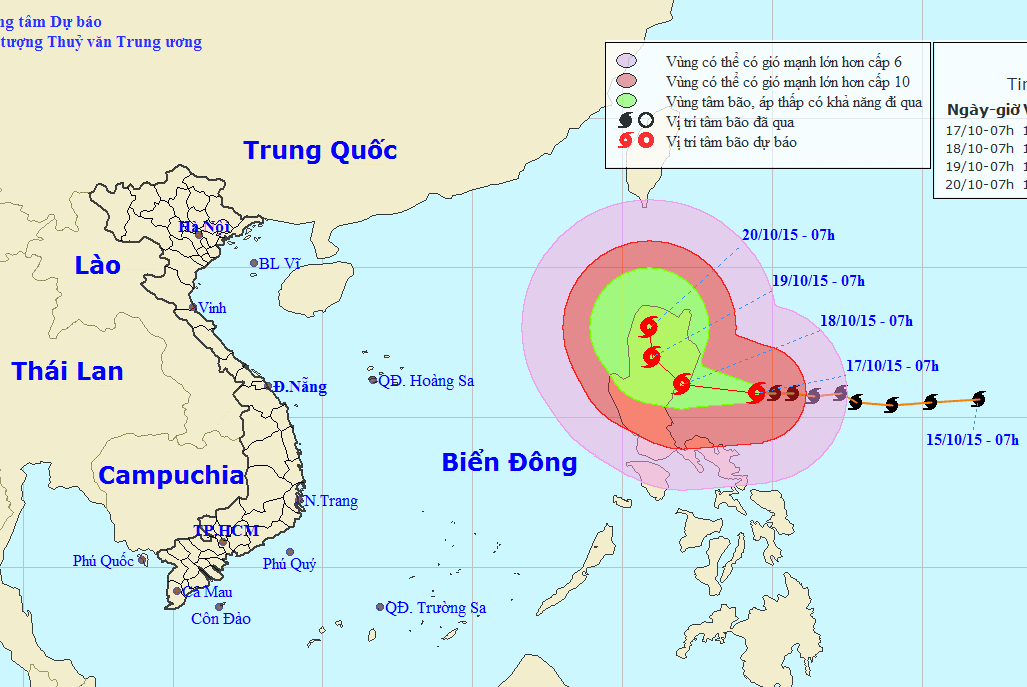 Vị trí và dự báo đường đi của bão Koppu. Nguồn: Trung tâm Dự báo khí tượng Thủy văn Trung ương.