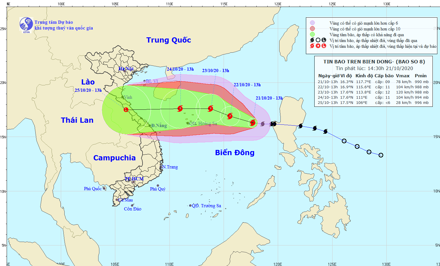 Dự báo hướng di chuyển của bão số 8. Ảnh: Trung tâm Dự báo Khí tượng Thủy văn Quốc gia.