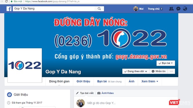 Tổng đài Đường dây nóng (0236)1022 của UBND TP Đà Nẵng đã chính thức lên mạng xã hội facebook để hỗ trợ người dân. Ảnh chụp màn hình: Hồ Xuân Mai