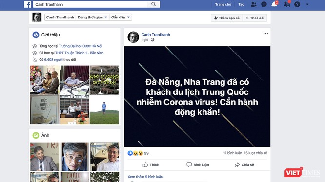 Thông tin trên trang facebook cá nhân về xuất hiện du khách Trung Quốc đến Đà Nẵng bị nhiễm virus Corona gây bệnh viêm phổi cấp (ảnh chụp màn hình)