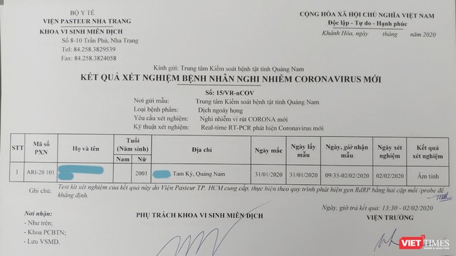 Phiếu xét nghiệm bệnh phẩm của nữ sinh viên N.T.H.N (Quảng Nam) đã âm tính với virus corona.